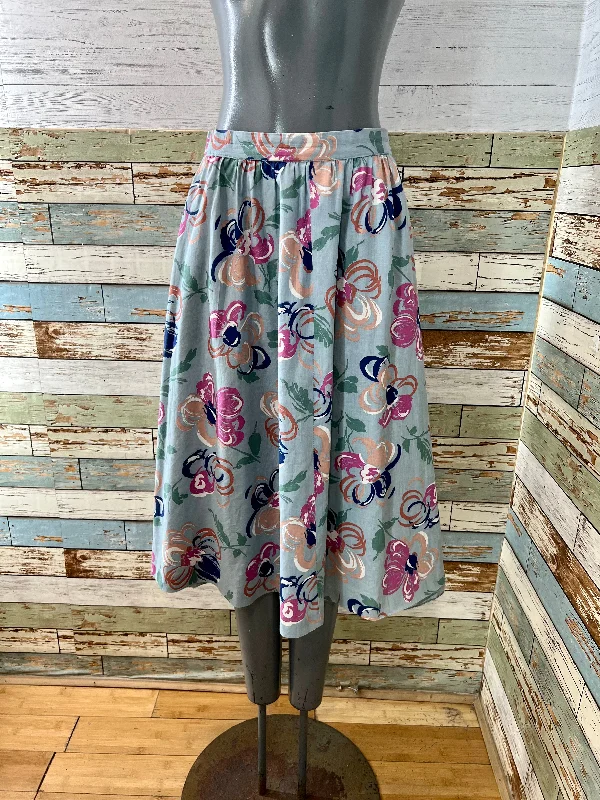 80s Teal Multicolor Abstract Flower Print Knee Skirt relaxed fit skirt