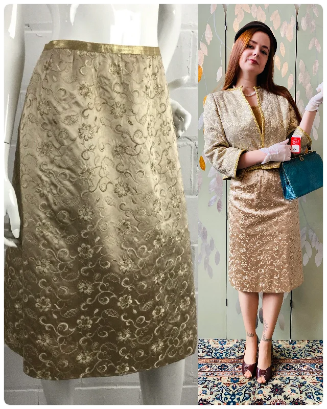 Vintage 1960s Champagne Gold Metallic Floral Embroidered Silk Pencil Skirt, W24" pleated skirt texture