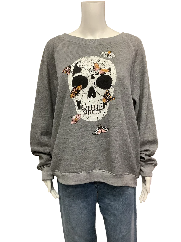 Wildfox Sweatshirt Skull Grey Size: L Hoodie with Ribbed Cuffs Snug Fit Comfort