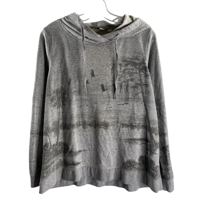 ORVIS Size MEDIUM Gray Print Long Sleeve Hoodie TOP Hoodie with V-Neck Classic Versatile ORVIS Size MEDIUM Gray Print Long Sleeve Hoodie TOP Hoodie with V-Neck Classic Versatile
