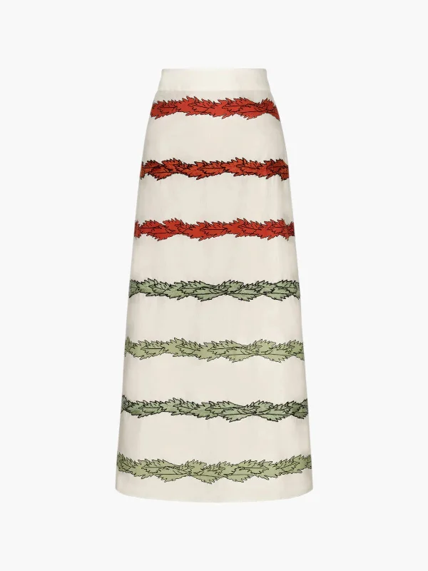 El Carmen Embroidered Cotton Midi Skirt | Ivory Striped Helechos corduroy skirt durable