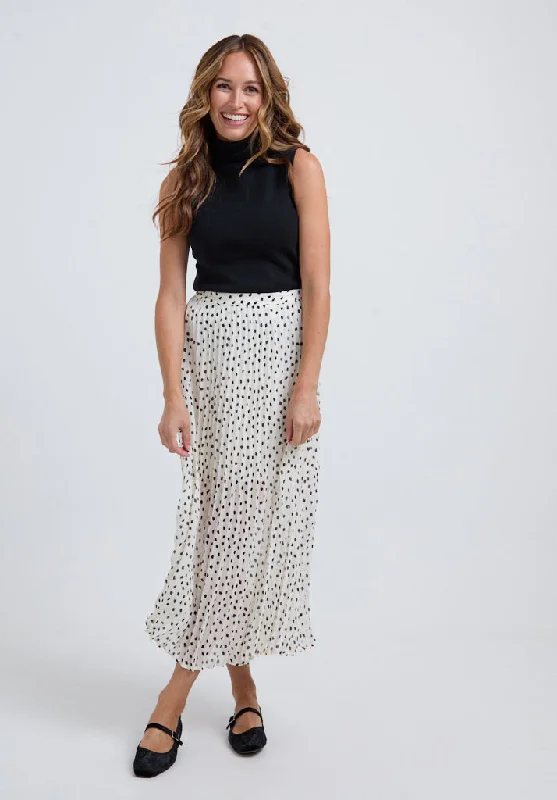 Nia Polka Dot Printed Midi Skirt In White ribbed skirt waist