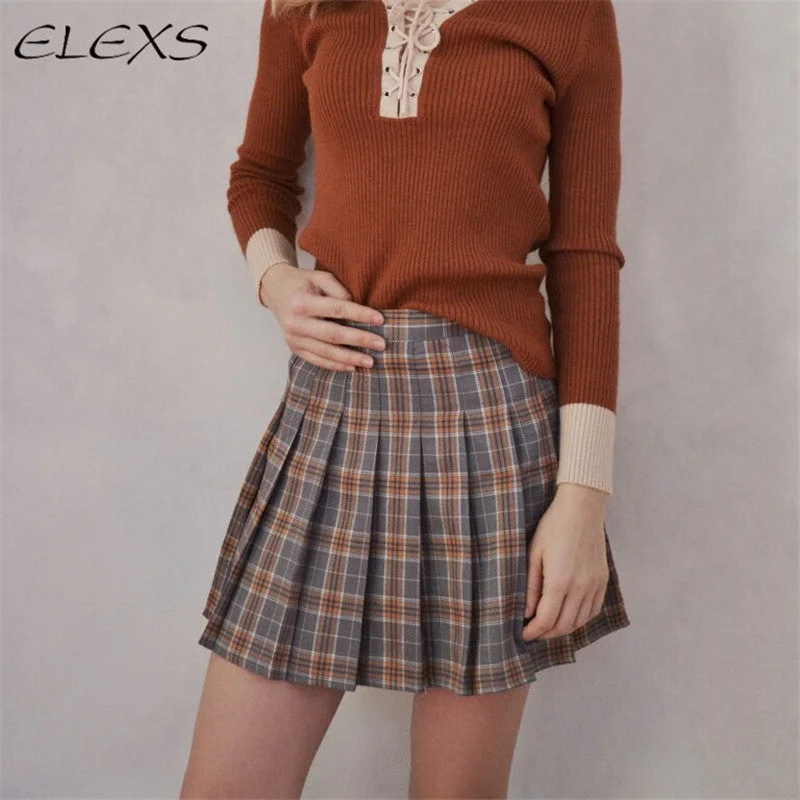ELEXS Women Fashion Summer high waist pleated skirt Wind Cosplay plaid skirt kawaii Female Mini Skirts Short Under it 1119 chiffon skirt flowing
