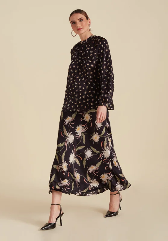 Clara Bias Cut Moonflower Print Midi Skirt In Navy spandex blend skirt