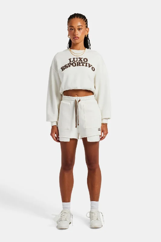 Esportivo Embroidered Sweatshirt & Short Set - Off White Hoodie with Tied Waist Feminine Flattering Esportivo Embroidered Sweatshirt & Short Set - Off White Hoodie with Tied Waist Feminine Flattering