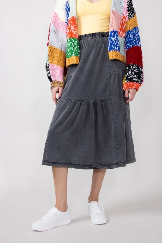 Denim Tiered Midi Skirt for Women in Black | FS3401-BLACK vintage skirt charm