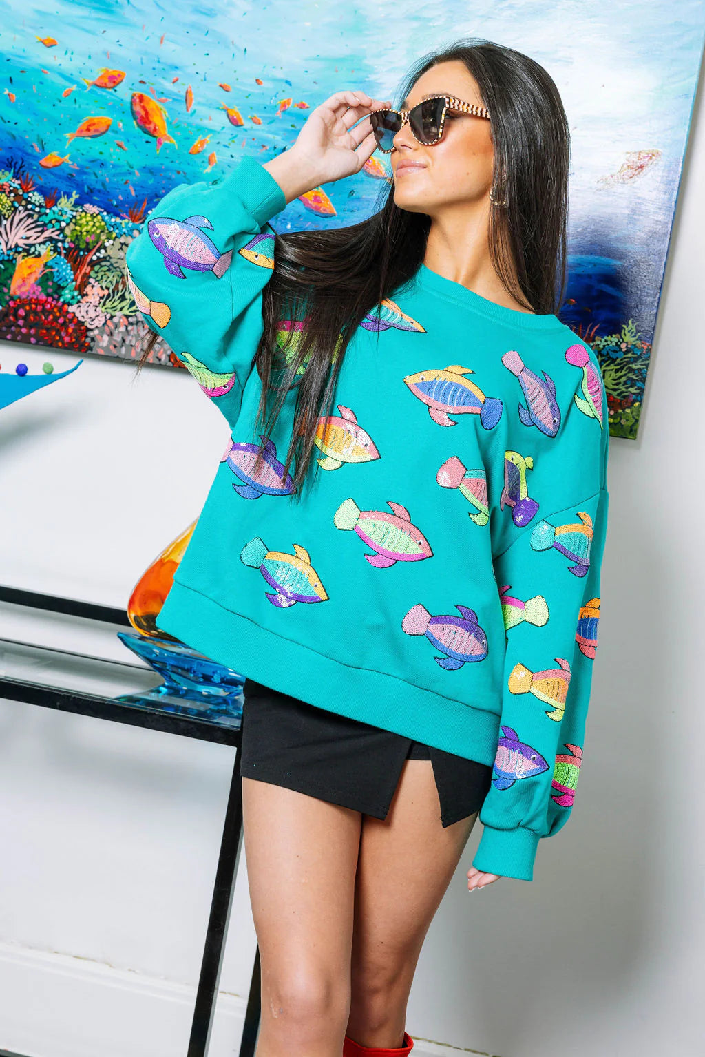 Queen Of Sparkles Aqua Multi Rainbow Fish Sweatshirt Hoodie with Mesh Breathable Sporty Queen Of Sparkles Aqua Multi Rainbow Fish Sweatshirt Hoodie with Mesh Breathable Sporty