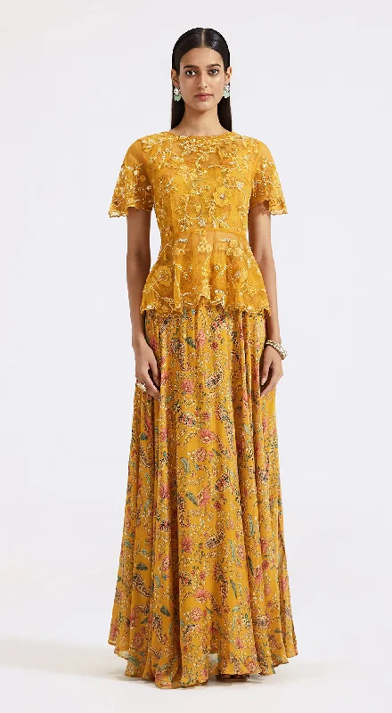 Yellow Embroidered Top & Skirt Set linen skirt airy