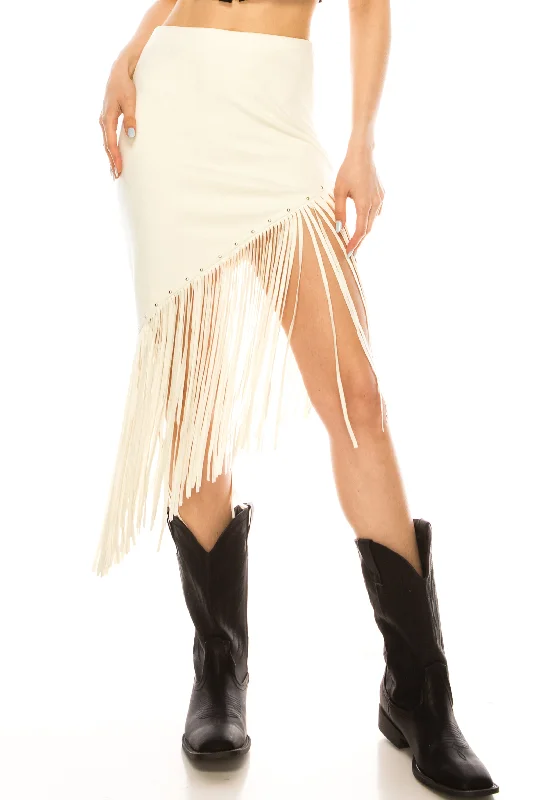 MIDI CREAM SUEDE STUDDED FRINGE SKIRT silk skirt elegant