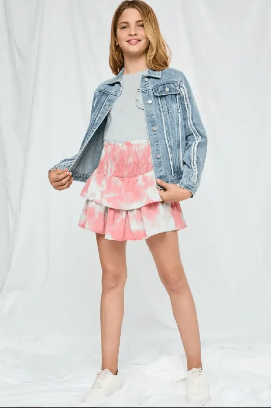 Tie Dye Smocked Tiered Mini Skirt - Pink chiffon skirt flowing