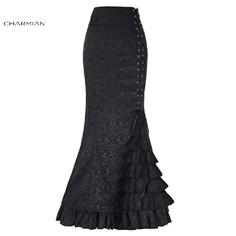 Charmian Women's Sexy Gothic Vintage Mermaid Skirt Victorian Black Lace up Corset Skirt High Waist Evening Party Retro Skirt denim skirt trendy