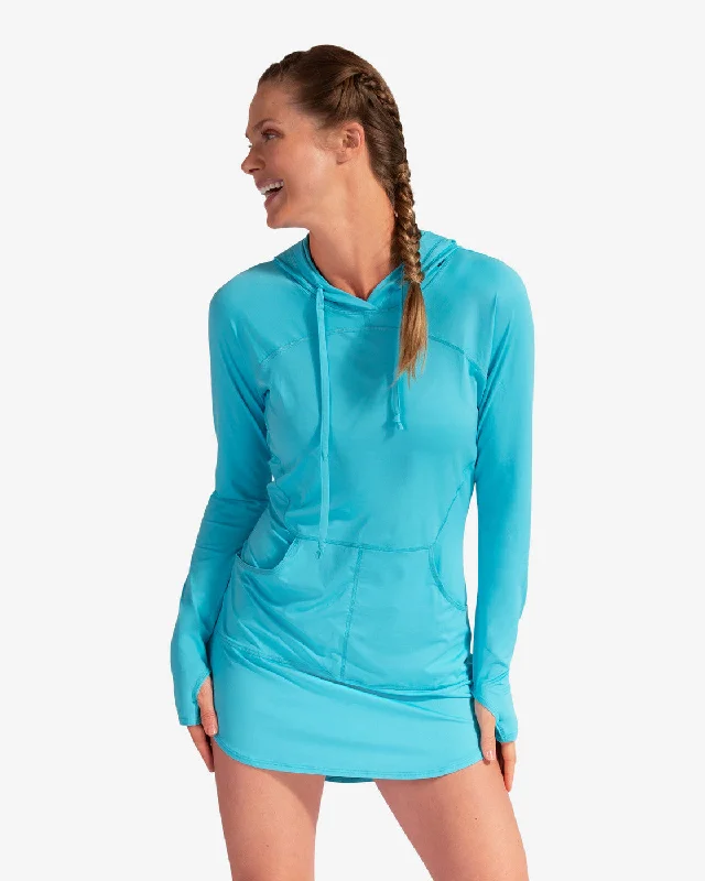 BloqUV: Women's UPF 50 Hoodie Dress (2009) - Light Turquoise Hoodie with Earth Tones Natural Calm BloqUV: Women's UPF 50 Hoodie Dress (2009) - Light Turquoise Hoodie with Earth Tones Natural Calm