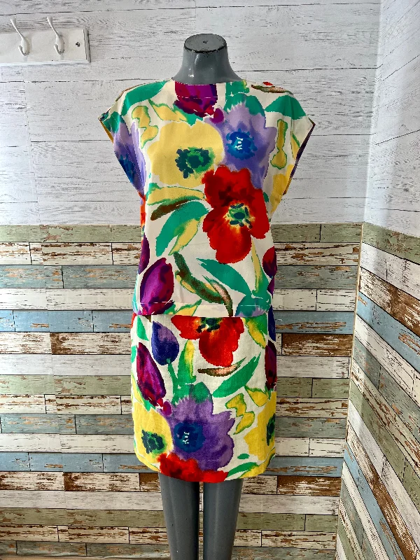 90’s Yellow Multicolor Flower Print Cap Sleeve Skirt 2 Piece Set velvet skirt luxurious