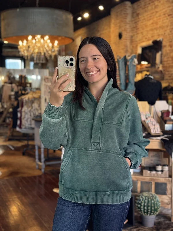 Puddles Mineral Wash Sweatshirt [Green] Hoodie with Double Zipper Versatile Adjustable