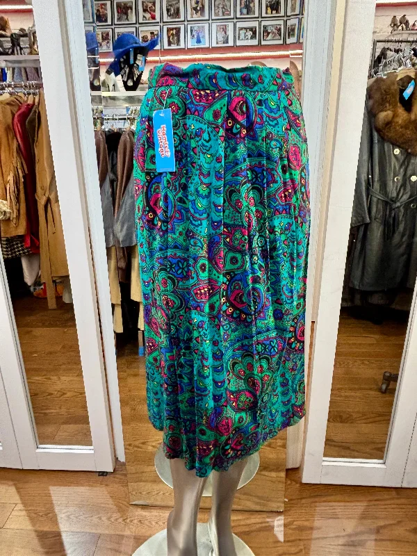 80’s Green & Fuchsia Multicolor Flower Print Skirt by Renee Adams belted skirt waist