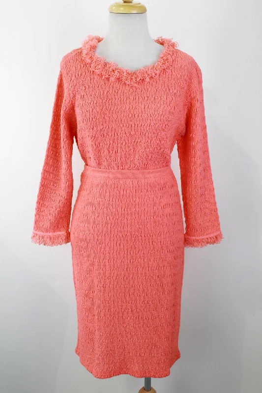 1960s Fuzzy Trim Salmon Pink Skirt and Top Set, Medium elastic waist skirt