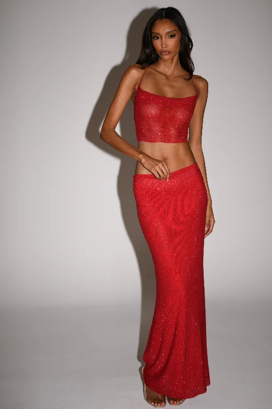 Erika Diamante Maxi Skirt - Vermilion Red lace skirt romantic