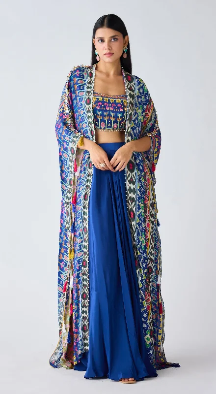 Blue Printed Skirt & Cape Set wool skirt warm