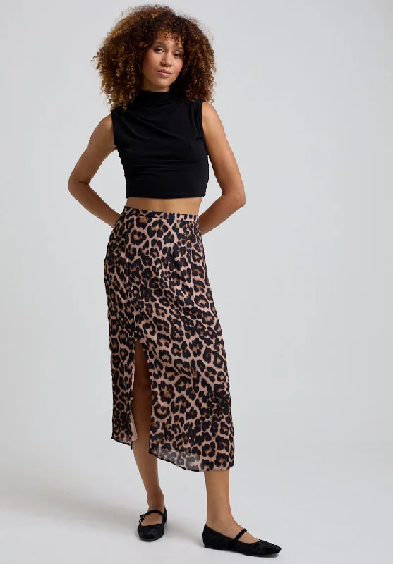 Grace Side Slit Big Cat Print Midi Skirt In Brown maxi skirt elegant