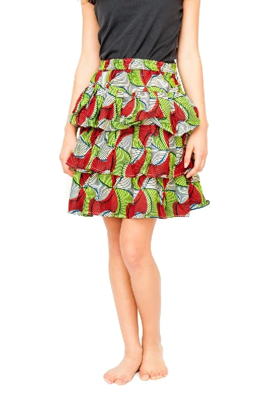 African Skirt, Rah Rah in Green Ankara Print - Festival Skirt belted skirt waist