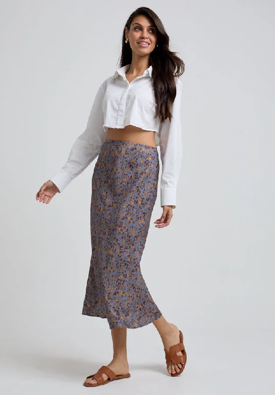 Poppy Bias Cut Aster Print Midi Skirt In Grey boho skirt vibe