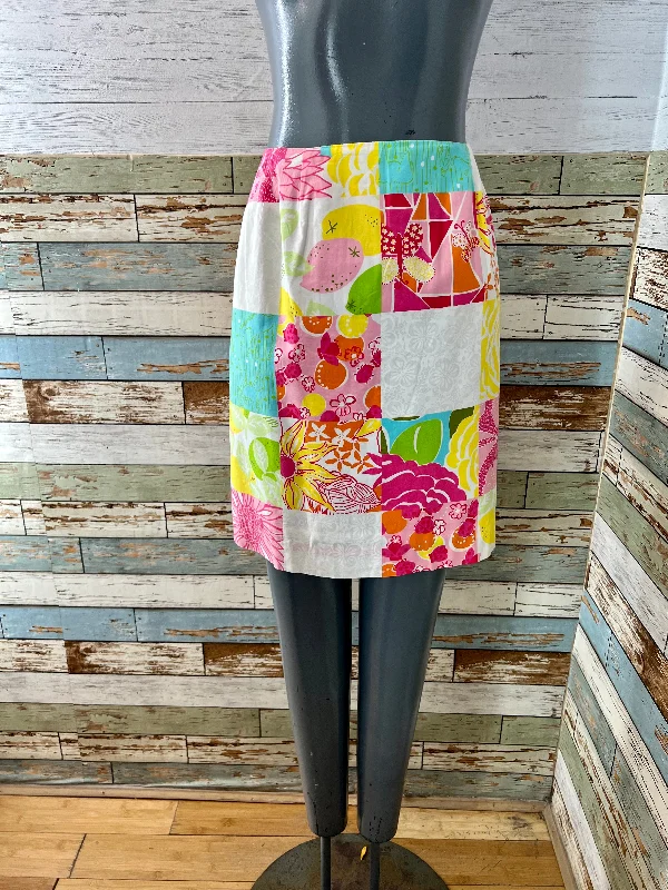 90’s Pink Multicolor Print Patch Skirt By Lilly Pulitzer chiffon skirt lightweight