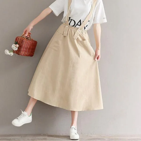 Mferlier Summer Womens Skirts Elastic Waist Removable Strap Two Front Pocket Cotton Linen Artsy Female Casual Skirts leather skirt durable