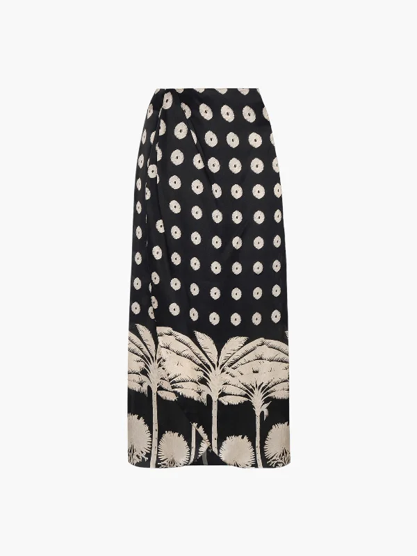 Amaime Satin Silk Midi Skirt | Black Palms lace skirt delicate