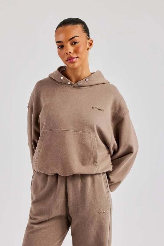 Cernucci Boxy Hoodie - Taupe Hoodie with Hem Fringe Bohemian Relaxed