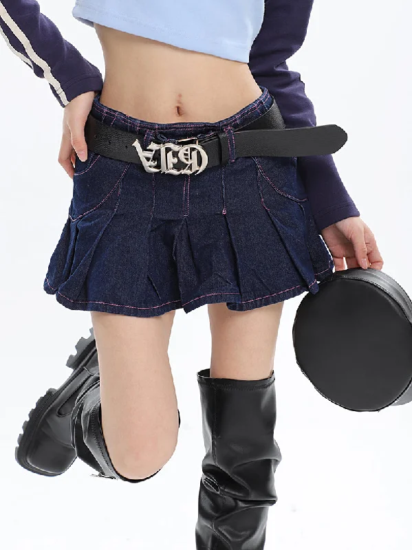 Arielle Solid Color Dark Blue Denim Pink Stitching Pleated Micro Skirt linen skirt natural