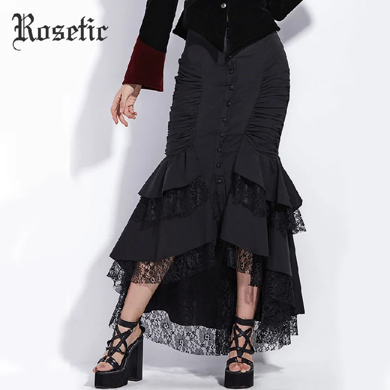Rosetic Gothic Mermaid Skirt Women Autumn Black Lace Goth Trumpet Bottoms Fishtail Fashion Bodycon Vintage Gothic Mermaid Skirts corduroy skirt durable