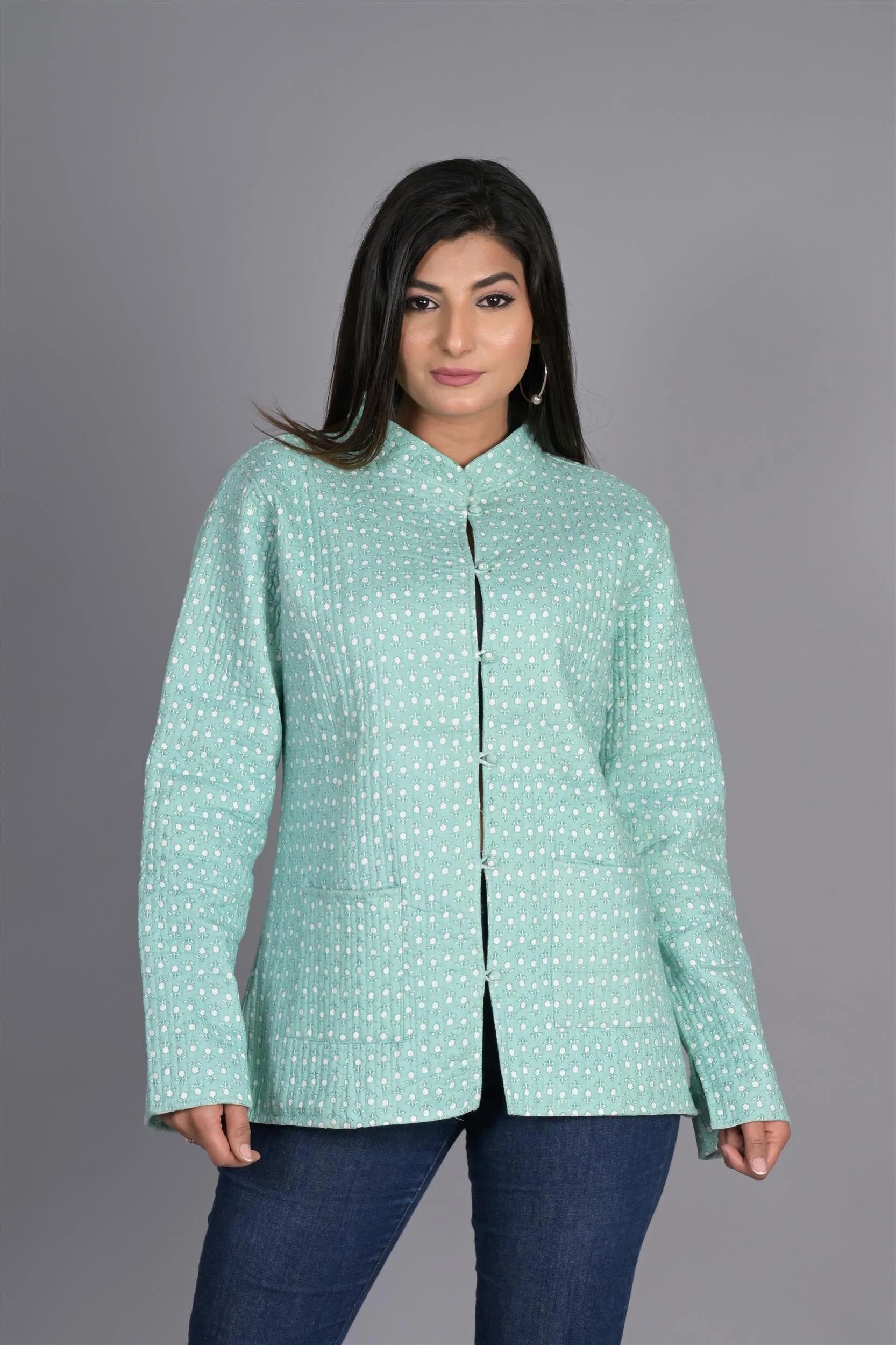 Winter Reversible Light Green Butti Jaipuri Cotton Quilted Jackets For Women Stand-Up Collar Roll-Neck Collar Turtle Neck