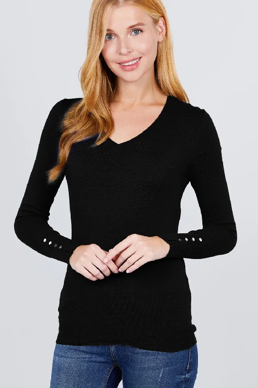 V-neck Sweater W/rivet Button Cashmere Blend Cotton Blend Poly Blend