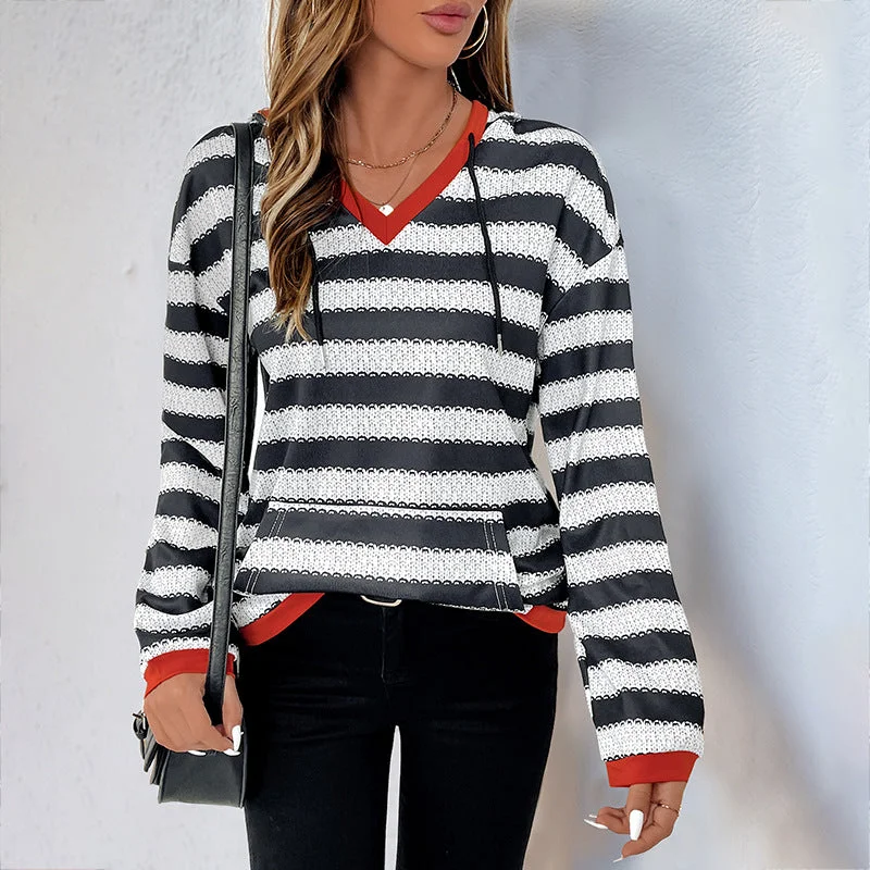 IKEARLAX 2025 women's clothing black and white striped sweater autumn new pullover hooded casual versatile sweater women Jersey Fabric Tulle Fabric Batik Fabric