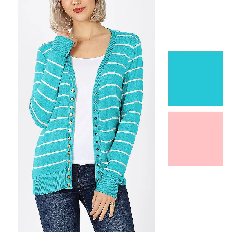 Zenana Womens Striped Snap Button Cardigan Sweater Transparent Opaque Sheer