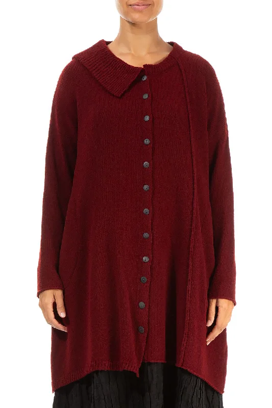 Asymmetrical Maroon Wool Cardigan Lightweight Heavyweight Midweight