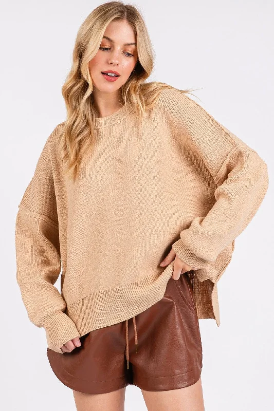 Mittoshop Side Slit Round Neck Drop Shoulder Sweater High Neck Crew Neck V-Neck