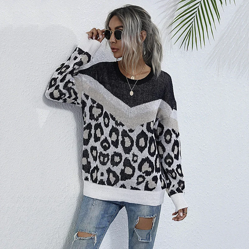 IKEARLAX New 2023 autumn and winter leopard print splicing contrasting colors loose 2025 crew neck knitted sweater women's jumper Hooded Caped Shawl Collar