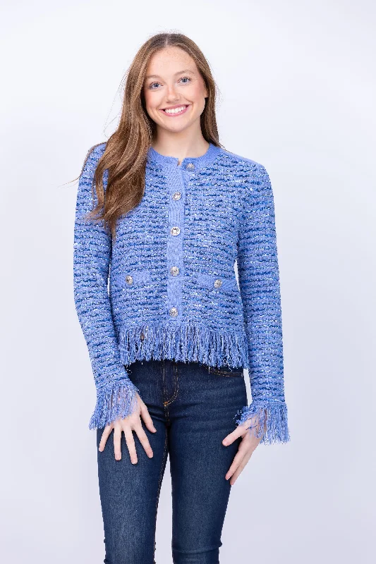 Milly Textured Fringe Cardigan Jacket in Blue Multi Glossy Satin Silk