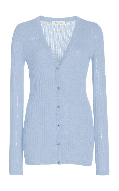 Homer Pointelle Knit Cardigan in Halogen Blue Cashmere Silk Modern Contemporary chic Homer Pointelle Knit Cardigan in Halogen Blue Cashmere Silk Modern Contemporary chic
