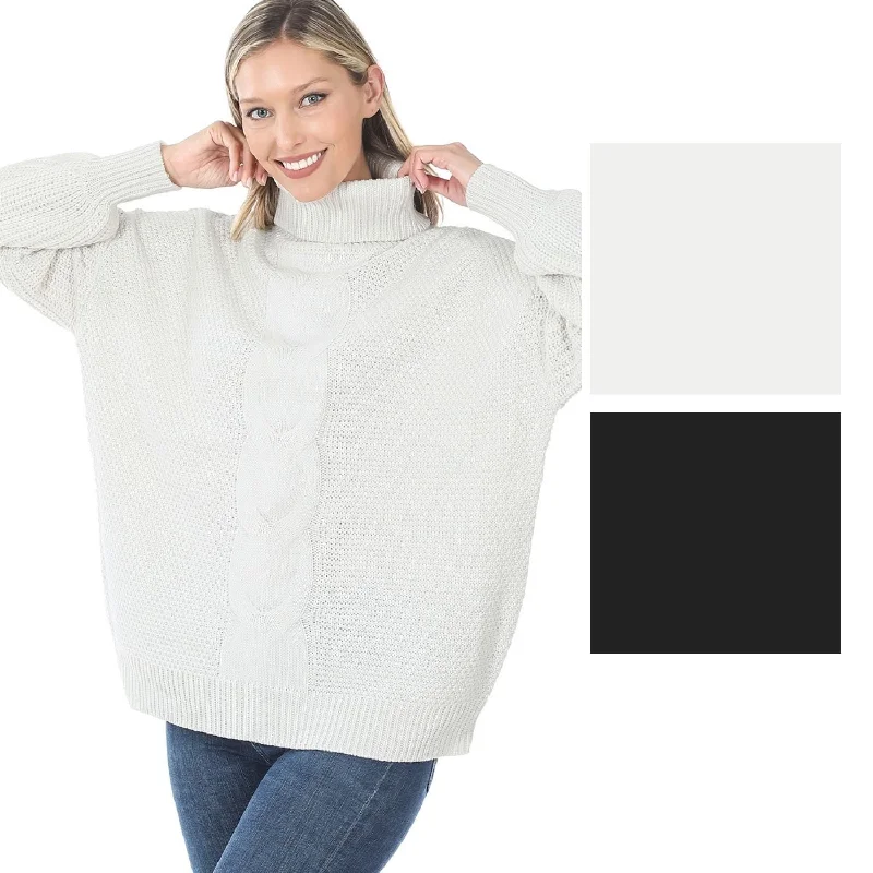 Zenana Womens Cable Knit Turtleneck Balloon Sleeve Sweater Bright Pastel Dark