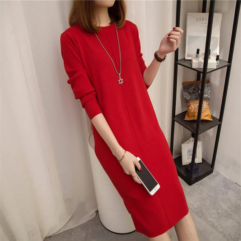 Wjczt Womens Autumn Winter Slim Sweater Dress 2024 Solid Thick Dress Round Neck Long Sleeve Knit Dress Female LJ0711 Modern Contemporary Chic