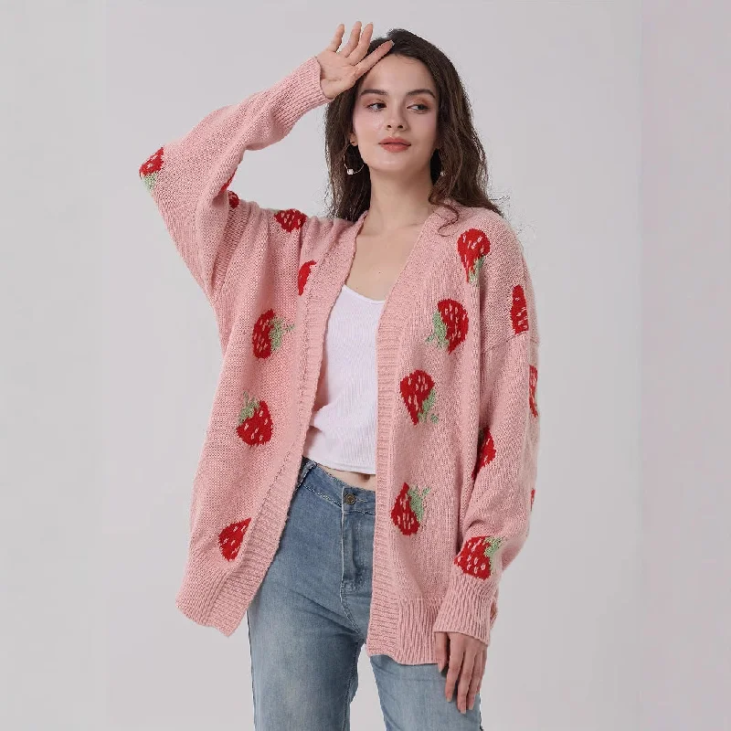 IKEARLAX 2025 Europe, America autumn and winter new  women's knitted cardigan comfortable casual strawberry pattern versatile sweater fashion cardigan Bright Pastel Dark