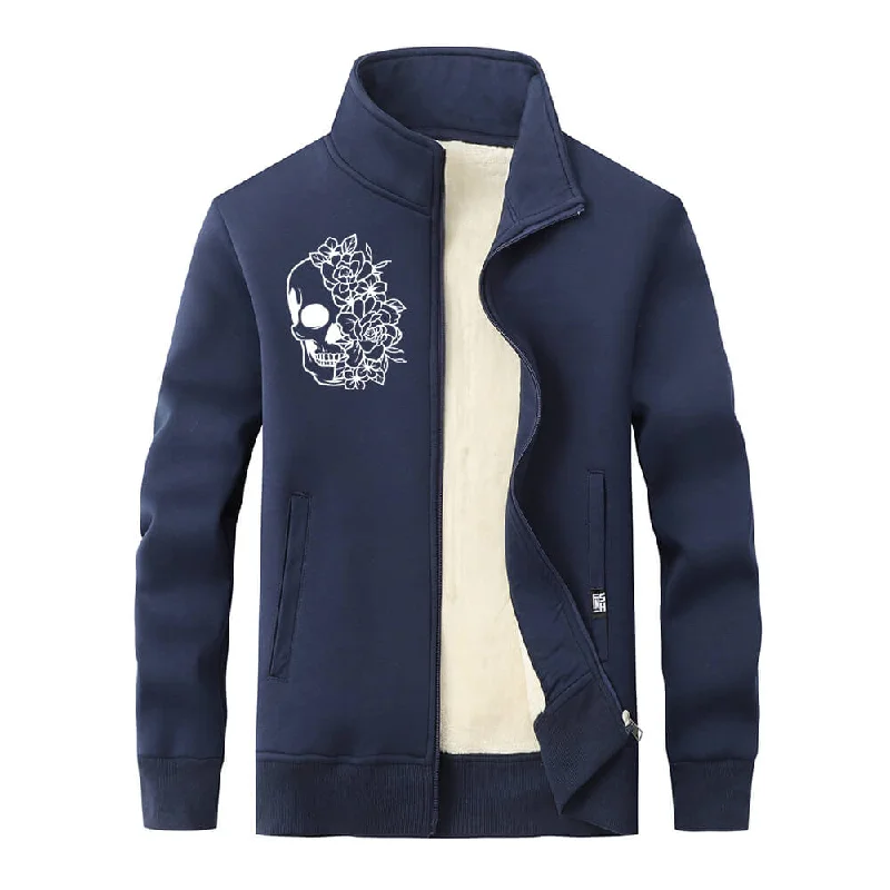 Half Face Skeleton Flower Stand Collar Zip Fleece Cardigan Sequined Glittery Shiny
