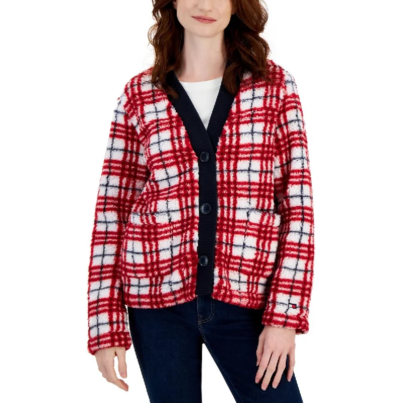 Womens Plaid Sherpa Cardigan Sweater Knit Fabric Woven Fabric Fleece Fabric