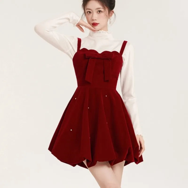 Wjczt Christmas Two-piece Dress Set Women Solid Sweater A-line Velvet Sleeveless Short Dress Korean Fashion Female Autumn New Outfits Thin Thick Dense