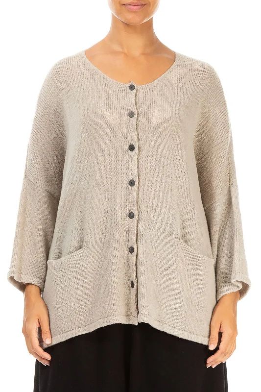 Buttoned Warm Taupe Wool Cardigan Silk Blend Satin Velvet