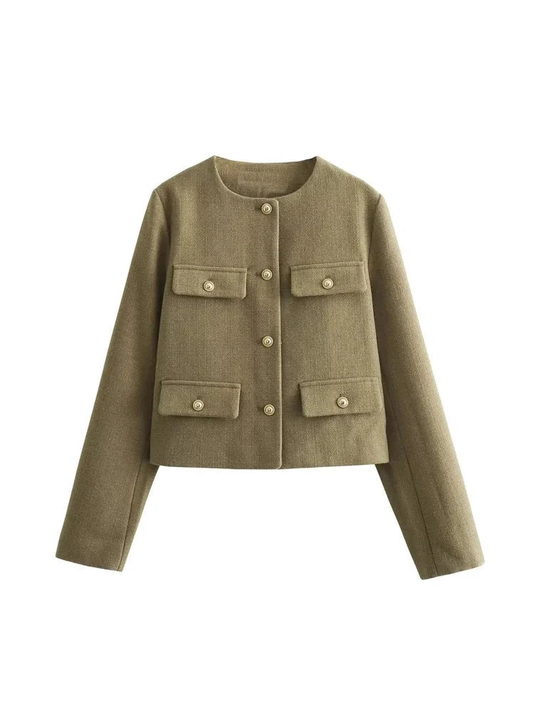 Flap Pocket Crop Jacket Women Vintage O Neck Long Sleeve Versatile Female Blazer Women's Wedding Blazer Flap Pocket Crop Jacket Women Vintage O Neck Long Sleeve Versatile Female Blazer Women's Wedding Blazer