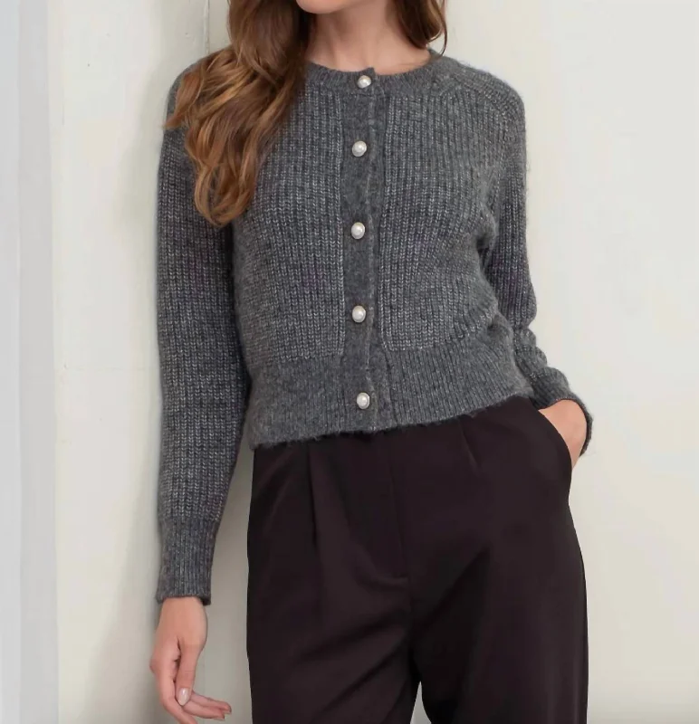 Crew Pearl Button Cardigan In Charcoal Elegant Classic Vintage