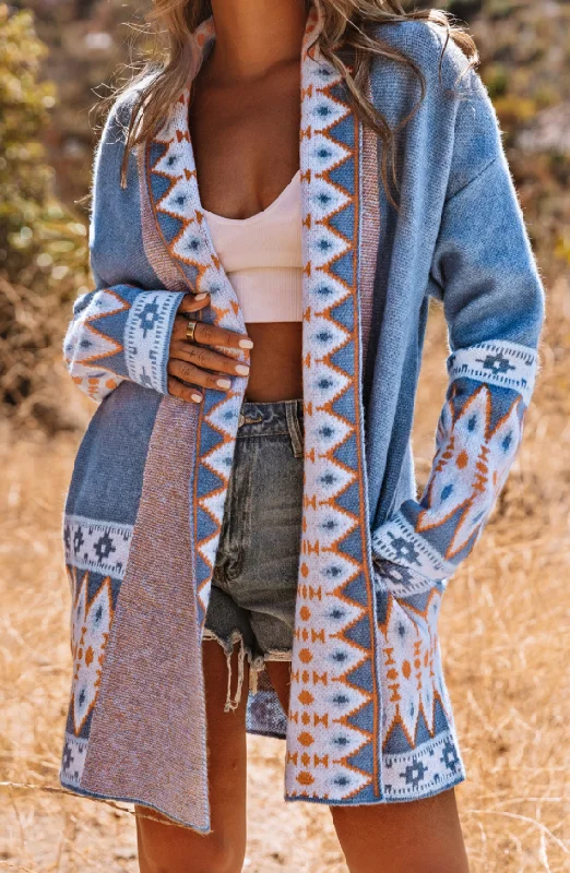 Blue Aztec Print   Knit Cardigan Modern Contemporary chic